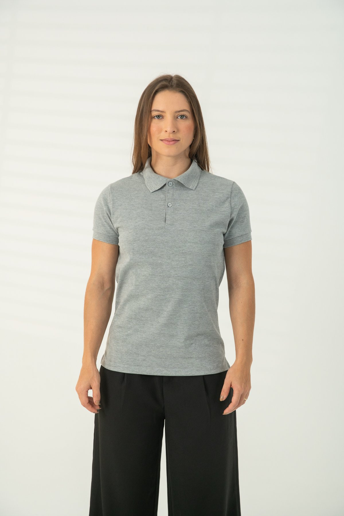 Camisa Gola Polo Classic Básica Feminina Cinza Mescla - ONE BASIQ